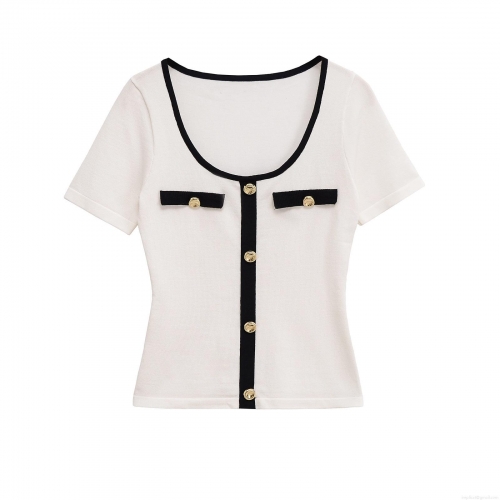 Women's Mercerized Cotton Knit T-Shirt Contrast Trim Gold Button Round Neck Short Sleeve Top Elegant Summer Casual Chic Streetwear Tee For Lady