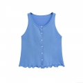 Women's Mercerized Cotton Knitted Vest Single Breasted Round Neck Sleeveless Tank Top With Lettuce Hem Button Up Streetwear Style Summer Casual Crop Waistcoat For Ladies