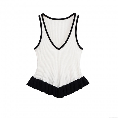 Women's Ribbed Knitted Tank Top V-Neck Sleeveless Contrast Piping Patchwork Ruffle Hem Streetwear Summer Casual Slim Fit Vest Top