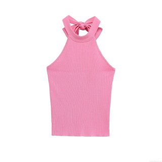 Women's Sexy Halter Top Ribbed Knit Backless Bow Tie Neck Camisole Pink Mercerized Cotton Polyester Sleeveless Summer Slim Fit Crop Top Streetwear Party Vest