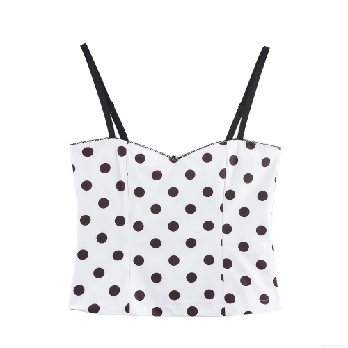 Women Sexy Polka Dot Cami Top Lace Trim V Neck Backless Cropped Tank Top Summer Sleeveless Polyester Slim Fit Streetwear Blouse