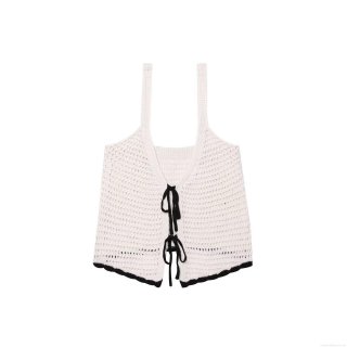Women's Knit Hollow Out Tank Top Crochet Tie Front Bow Camisole Color Block Short Summer Streetwear Sleeveless Top