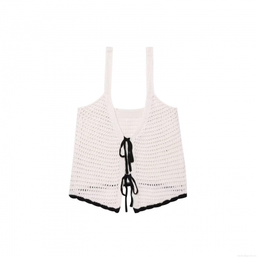 Women's Knit Hollow Out Tank Top Crochet Tie Front Bow Camisole Color Block Short Summer Streetwear Sleeveless Top