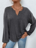 Women's Casual Henley T-Shirt Long Sleeve Loose Fit Polyester Viscose Elastane Blend Solid Color Button Down Neck Ribbed Knit Top For Daily Wear
