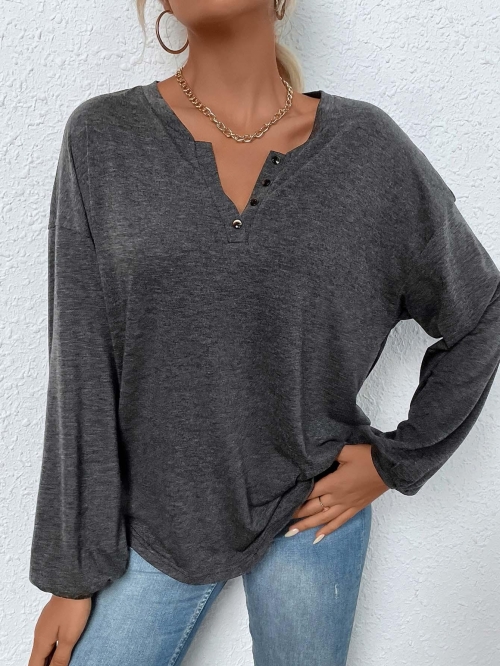 Women's Casual Henley T-Shirt Long Sleeve Loose Fit Polyester Viscose Elastane Blend Solid Color Button Down Neck Ribbed Knit Top For Daily Wear