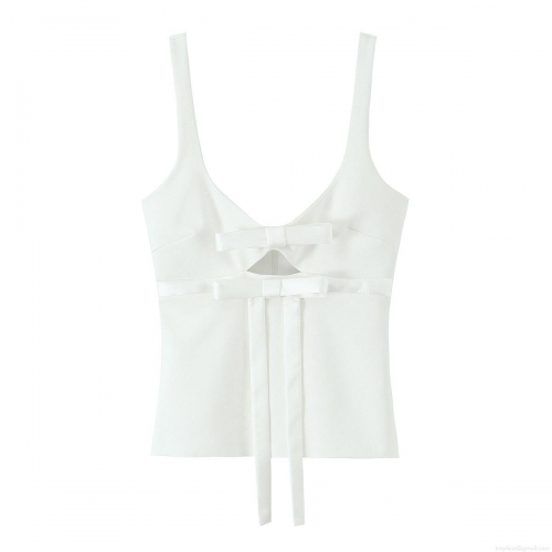 Women Summer Sexy Bowknot Hollow Out Tank Top Elegant Sleeveless Camisole With Back Invisible Zipper And Tie Strap European Streetwear White Crop Top For Party Vacation