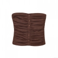 Women Sexy Strapless Tube Top Polyester Linen Blend Ruched Single Breasted Button Up Slim Fit Crop Top For Summer Daily Vacation Streetwear