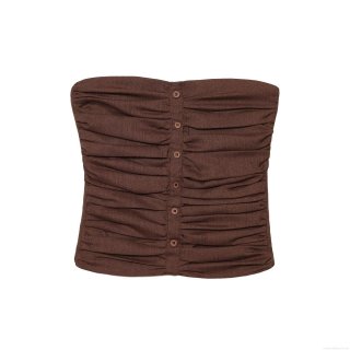Women Sexy Strapless Tube Top Polyester Linen Blend Ruched Single Breasted Button Up Slim Fit Crop Top For Summer Daily Vacation Streetwear