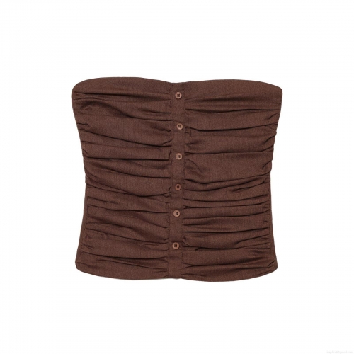 Women Sexy Strapless Tube Top Polyester Linen Blend Ruched Single Breasted Button Up Slim Fit Crop Top For Summer Daily Vacation Streetwear