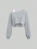 Women Slant Neck One Shoulder Crop Top Long Sleeve Irregular Knitted T-Shirt Casual Asymmetric Solid Color Pullover Cotton Blend Streetwear Top