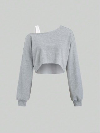 Women Slant Neck One Shoulder Crop Top Long Sleeve Irregular Knitted T-Shirt Casual Asymmetric Solid Color Pullover Cotton Blend Streetwear Top
