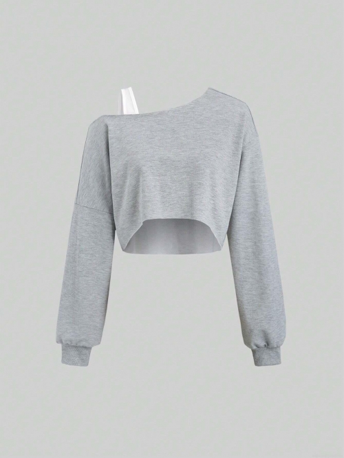 Women Slant Neck One Shoulder Crop Top Long Sleeve Irregular Knitted T-Shirt Casual Asymmetric Solid Color Pullover Cotton Blend Streetwear Top