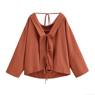 Women's Casual V-Neck Tie-Up Blouse 100% Polyester Solid Color Long Sleeve Loose Shirt For Summer Streetwear Street Style Fashion