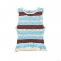 Women's Crochet Knit Striped Vest Top Color Block Sleeveless Round Neck T-Shirt For Summer Streetwear Casual Pullover Hollow Out Tank Top