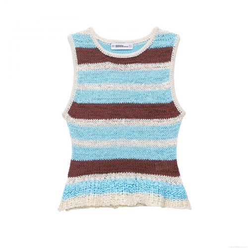 Women's Crochet Knit Striped Vest Top Color Block Sleeveless Round Neck T-Shirt For Summer Streetwear Casual Pullover Hollow Out Tank Top