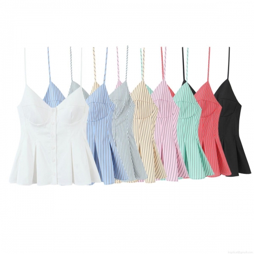 Women's V Neck Spaghetti Strap Camisole Top Striped Backless Button Down Peplum Tank Top Casual Summer Cotton Blend Sleeveless Shirt for Women