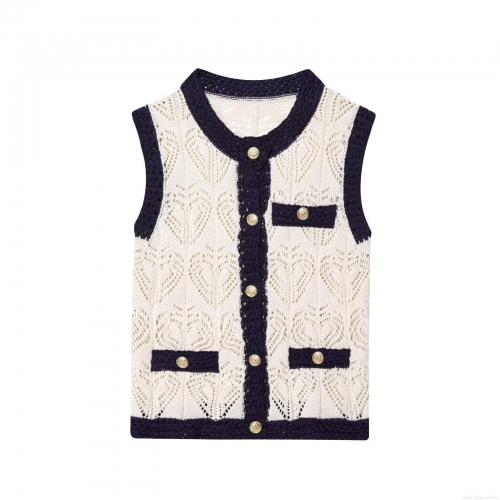 Women's Retro Knit Vest Elegant Heart Shaped Hollow Out Sleeveless Sweater Top With Gold Buttons Contrast Trim Waistcoat For Daily Dating Ladies