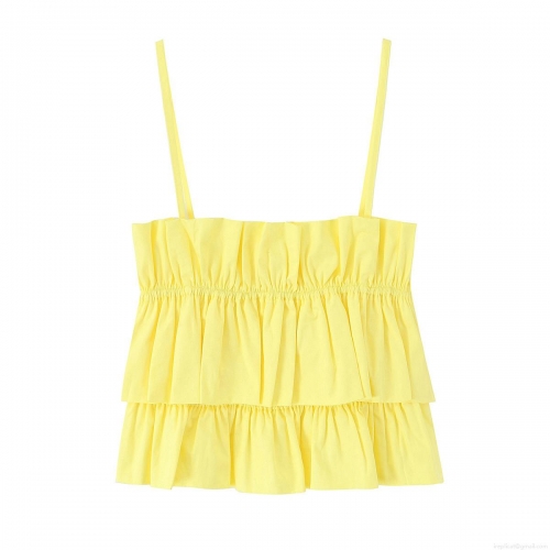Women's Sexy Summer Ruffle Camisole Multi-layer Ruched Sleeveless Tank Top Streetwear Vacation Style Yellow Polyester Vest Crop Top for Women