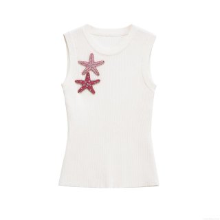 Women Mercerized Cotton Sleeveless Tank Top With Pink Starfish Bead Embroidery Ribbed Round Neck Vest For Summer Vacation Street Style