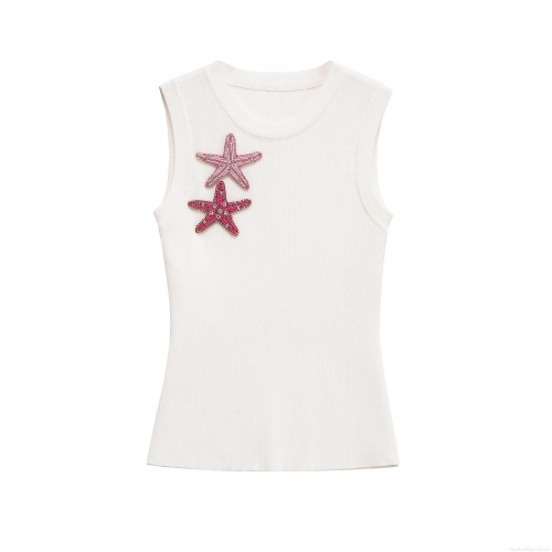 Women Mercerized Cotton Sleeveless Tank Top With Pink Starfish Bead Embroidery Ribbed Round Neck Vest For Summer Vacation Street Style