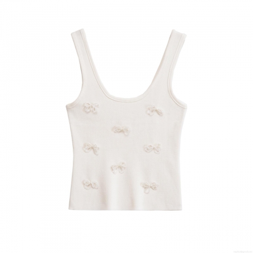 Women's Knitted Camisole Top With Pearl Bow Decoration Summer Sleeveless Ribbed Knit Tank Top Elegant Slim Fit Streetwear For Women