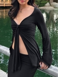 Women's Sexy Deep V Neck Long Sleeve T-Shirt Viscose Elastane Flare Sleeve Tie Front Ribbed Slim Fit Crop Top For Party Date Clubwear