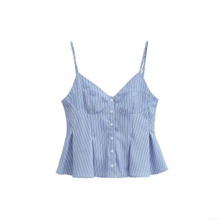 Women's Sexy Striped Camisole Top V-Neck Single Breasted Button Front Peplum Hem Sleeveless Tank Top Summer Casual Backless Slim Fit Cropped Blouse Streetwear