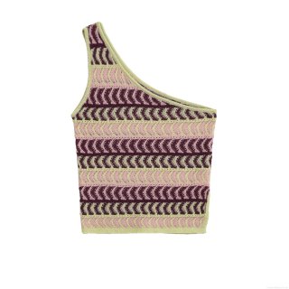 Women's One Shoulder Knit Tank Top Colorful Wavy Striped Slant Neck Sleeveless Crochet Crop T-Shirt For Summer Streetwear Vacation Beach Party