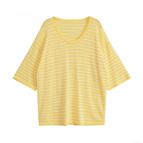 Women's Striped Knit T-Shirt Summer Short Sleeve Crew Neck Top Casual Loose Pullover Streetwear Mercerized Cotton Stripe Tee For Women