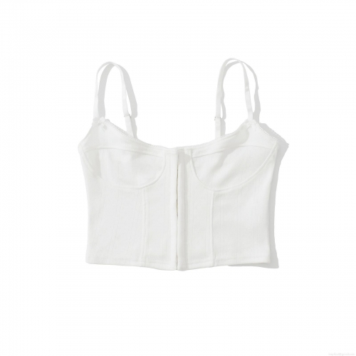 Women Sexy White Ribbed Knit Corset Top Adjustable Spaghetti Strap Fishbone Bodycon Camisole Front Hook-and-Eye Bustier Tank Top for Club Summer Streetwear