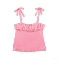 Women's Satin Camisole Sexy Bow Tie Shoulder Straps Pleated Slim Fit Crop Tank Top Sleeveless Peach Pink Summer Street Style