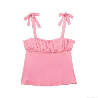 Women's Satin Camisole Sexy Bow Tie Shoulder Straps Pleated Slim Fit Crop Tank Top Sleeveless Peach Pink Summer Street Style Women's Satin Camisole Sexy Bow Tie Shoulder Straps Pleated Slim Fit Crop Tank Top Sleeveless Peach Pink Summer Street Style