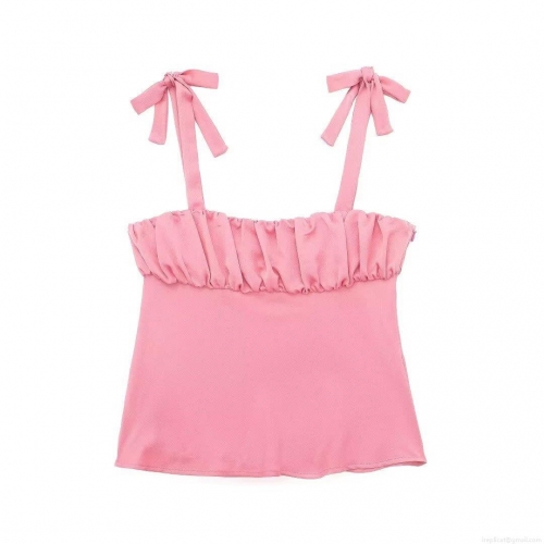 Women's Satin Camisole Sexy Bow Tie Shoulder Straps Pleated Slim Fit Crop Tank Top Sleeveless Peach Pink Summer Street Style