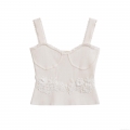 Women Summer Sexy Lace Trim Ribbed Knit Tank Top Sleeveless Slim Fit Crop Camisole With Flower Embroidery Scalloped Edge Breathable Streetwear Top