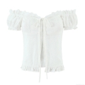 Women's Off Shoulder Short Sleeve Top Cotton Swiss Dot Puff Sleeve Tie-Up Cardigan Lace Trim French Vintage Style Breathable Slim Fit White Blouse