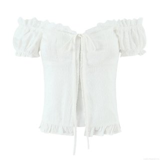 Women's Off Shoulder Short Sleeve Top Cotton Swiss Dot Puff Sleeve Tie-Up Cardigan Lace Trim French Vintage Style Breathable Slim Fit White Blouse