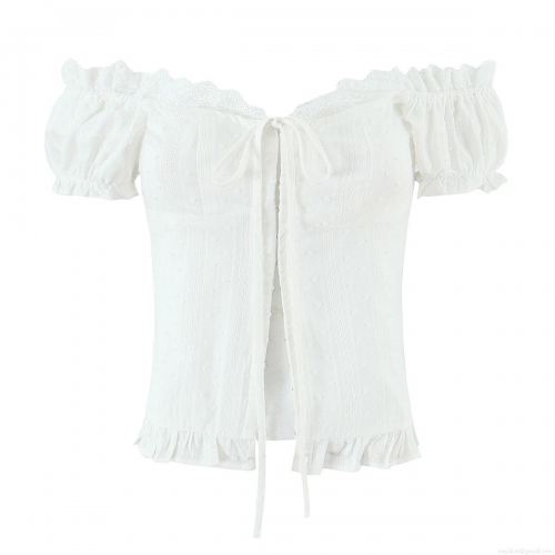 Women's Off Shoulder Short Sleeve Top Cotton Swiss Dot Puff Sleeve Tie-Up Cardigan Lace Trim French Vintage Style Breathable Slim Fit White Blouse