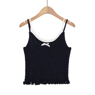Women's Y2K Smocked Camisole Top Viscose Nylon Knitted Popcorn Fabric Slim Fit With White Bow Decor Contrast Trim Ruffle Hem Casual Summer Streetwear