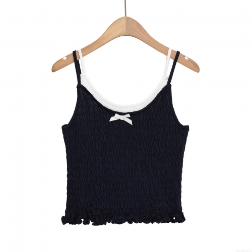 Women's Y2K Smocked Camisole Top Viscose Nylon Knitted Popcorn Fabric Slim Fit With White Bow Decor Contrast Trim Ruffle Hem Casual Summer Streetwear