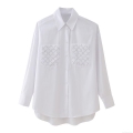 Women's White Long Sleeve Shirt 100% Polyester Lapel Rivet Pocket Blouse Casual Streetwear Solid Color Loose Fit Top For Women