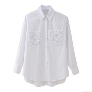 Women's White Long Sleeve Shirt 100% Polyester Lapel Rivet Pocket Blouse Casual Streetwear Solid Color Loose Fit Top For Women