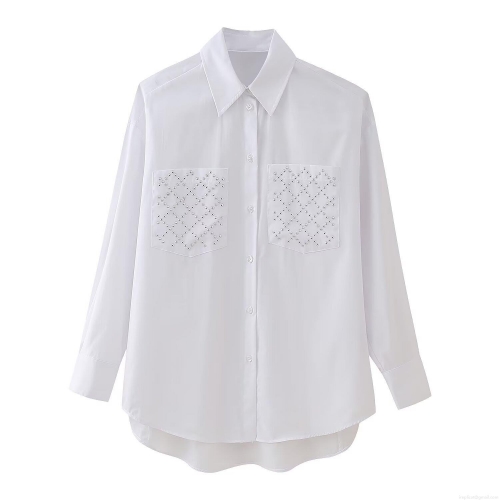 Women's White Long Sleeve Shirt 100% Polyester Lapel Rivet Pocket Blouse Casual Streetwear Solid Color Loose Fit Top For Women