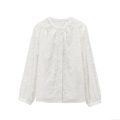 Women's Floral Embroidery Long Sleeve Shirt Elegant White Round Neck Single Breasted Blouse For Casual Summer Streetwear Lady Tops