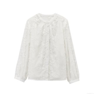 Women's Floral Embroidery Long Sleeve Shirt Elegant White Round Neck Single Breasted Blouse For Casual Summer Streetwear Lady Tops