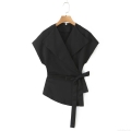 Women's Sleeveless V Neck Blouse Polyester Woven Large Lapel Wrap Tie Waist Summer Fashion Solid Color Slim Fit Streetwear Office Casual Top