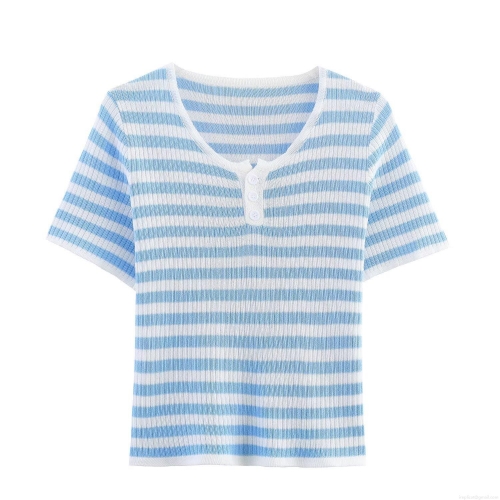Women's Stripe Knit T-Shirt Casual Round Neck Short Sleeve Three Button Ribbed Polyester Pullover Top Summer Street Style Fashion Shirt