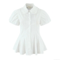 French Style Women White Cotton Blend Blouse Doll Collar Ruffle Puff Sleeve Single Breasted Peplum Shirt Casual Streetwear Tops