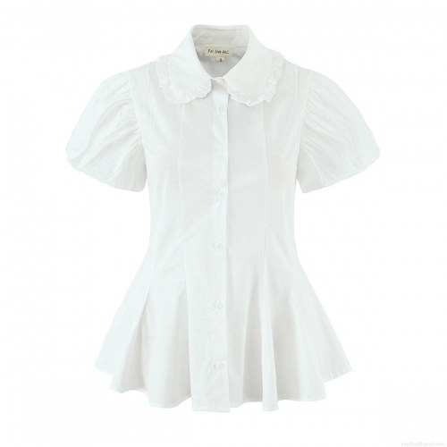 French Style Women White Cotton Blend Blouse Doll Collar Ruffle Puff Sleeve Single Breasted Peplum Shirt Casual Streetwear Tops