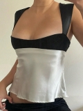 Women's Contrast Color Satin Camisole 100% Polyester Silk Fabric Niche Design Slim Fit Short Tank Top Sexy Square Neck Streetwear Chic Party Clubwear Top