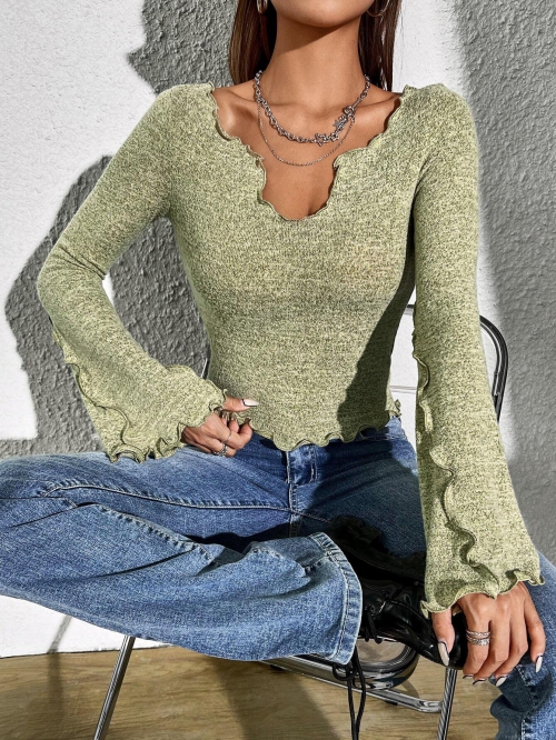 Elegant Women Long Sleeve Knit T-Shirt Lettuce Trim V Neck Flare Sleeve Polyester Elastane Blend Slim Fit Short Top For Daily Commute Casual Fashion